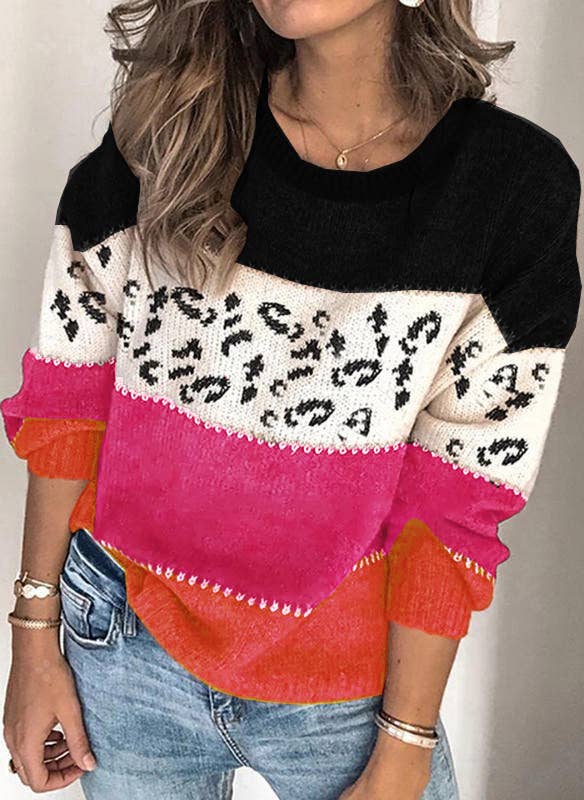 Lily Clothing - Wholesale Knit Sweater - Women's - LEOPARD PRINT PATCHWORK FASHION KNIT PULLOVER8