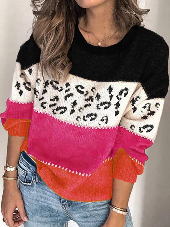 Lily Clothing - Wholesale Knit Sweater - Women's - LEOPARD PRINT PATCHWORK FASHION KNIT PULLOVER8