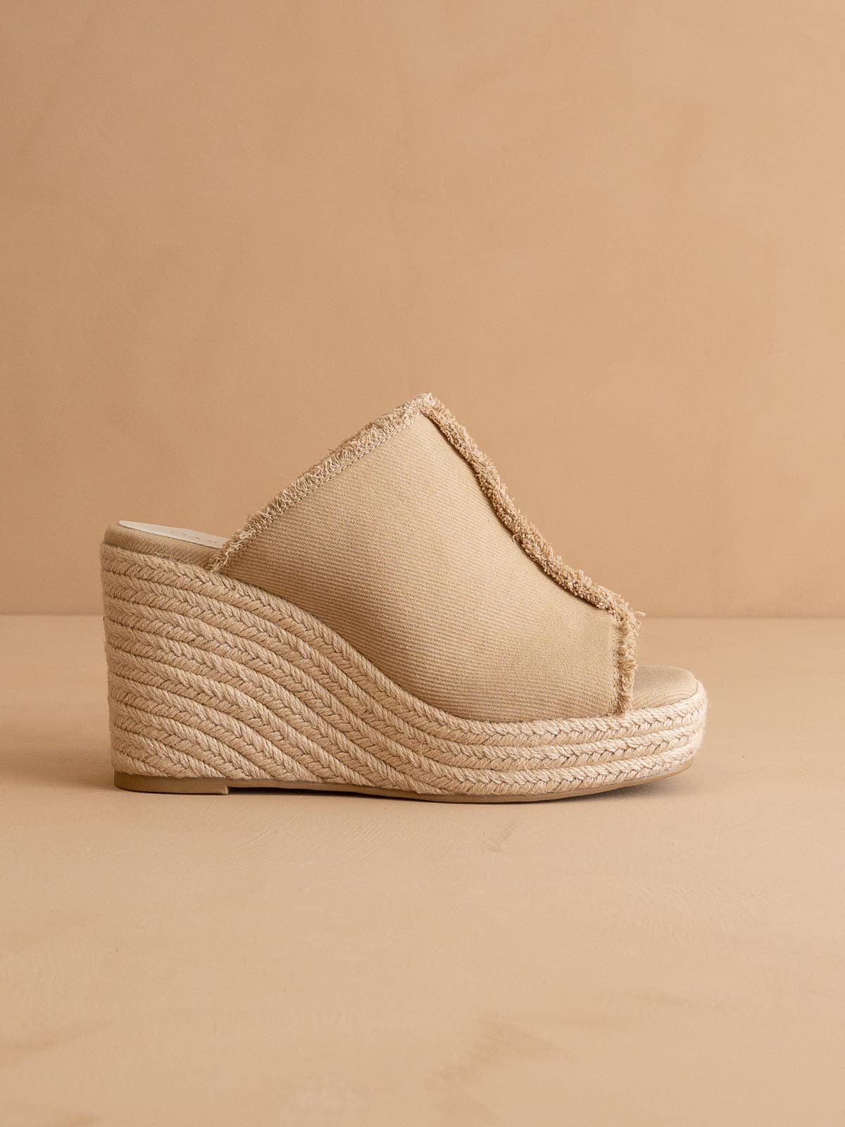 The Verona | Khaki Frayed Denim Espadrille Wedge for wholesale on Faire