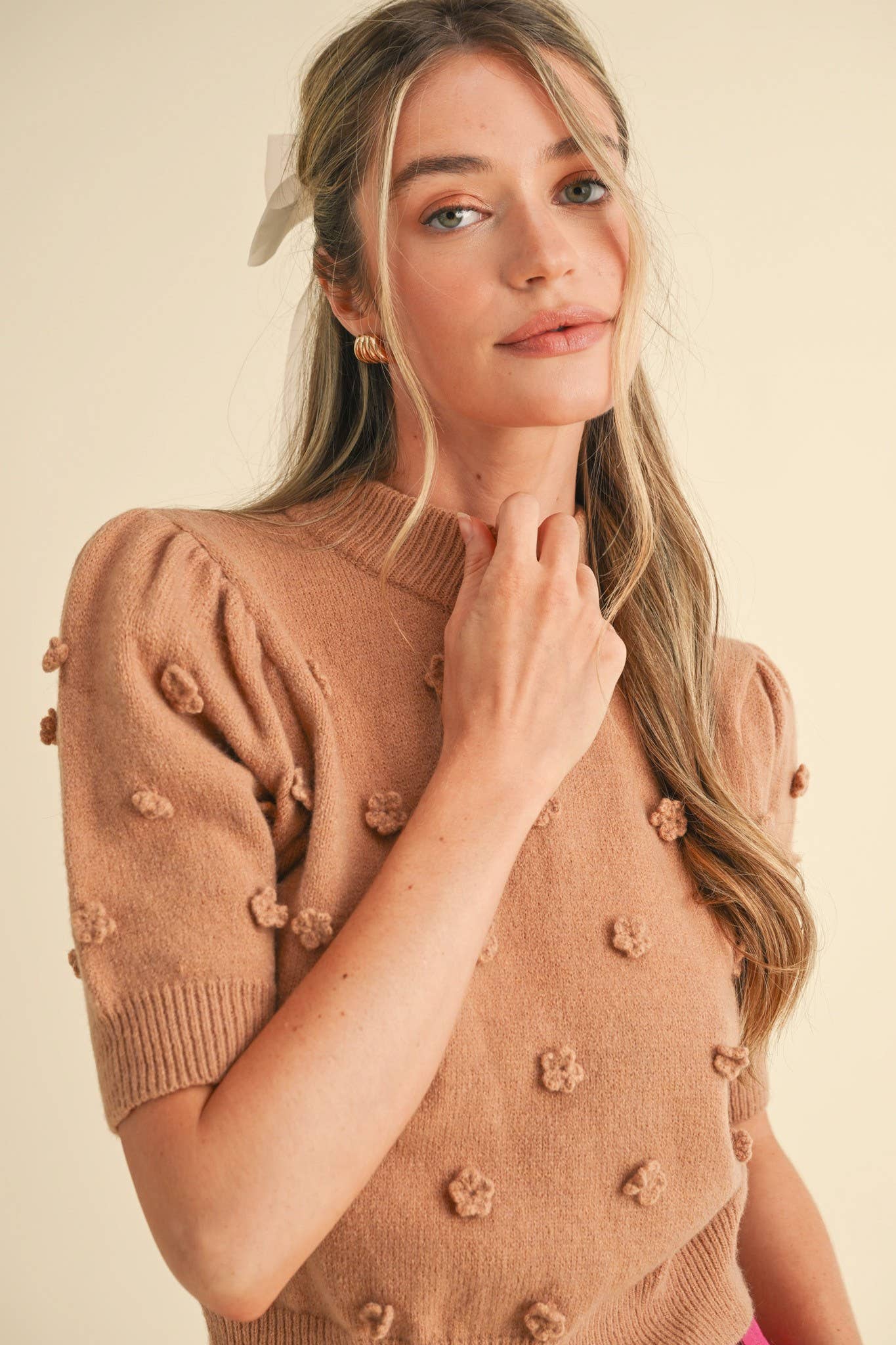 &MERCI - Wholesale Knit Sweater - Women's - 3D FLORAL KNIT SHORT SLEEVE SWEATER MSW1053710