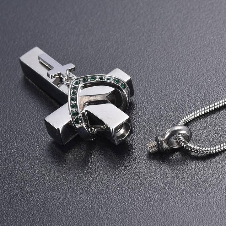 Cherished Emblems – wholesale Pendant/charm necklace – Silver Cross & Rhinestone Rosary Cremation Urn Necklace3