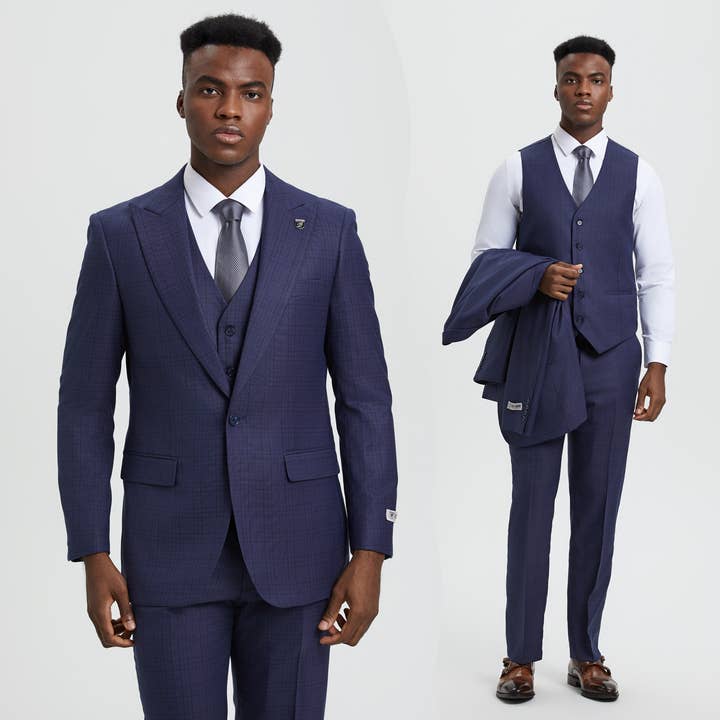 Stacy Adams, 3-PC Windowpane Suit, Purple (SM161H1) for wholesale by Suits America