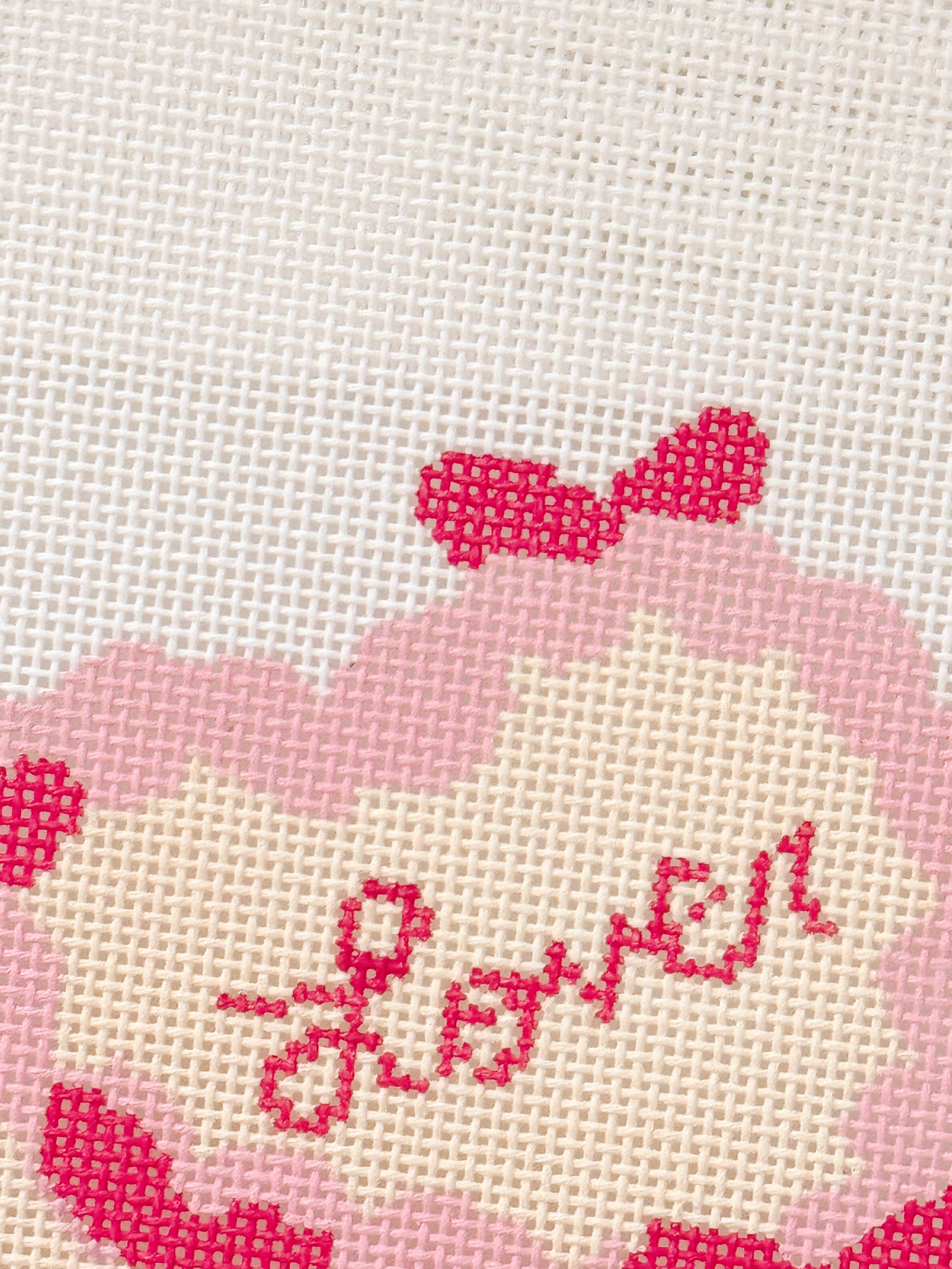 Cotswold Co Designs - Wholesale Embroidery/Cross Stitch Supplies - Coquette Bow Heart Cake Needlepoint Canvas | 4” 18 Mesh Coquette Needlepoint Design | Valentine’s Day Bow Cake3