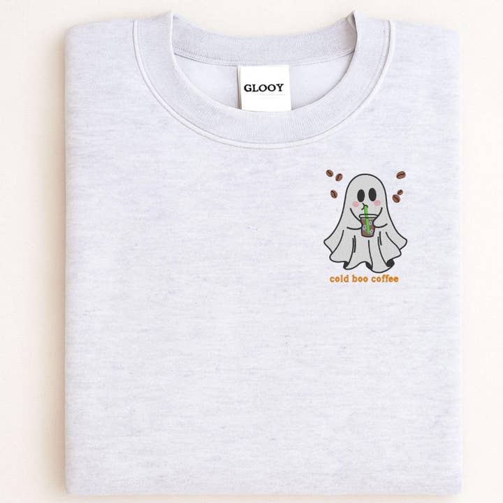 Grant Custom Creations LLC - Wholesale Sweatshirt - Women's - Cold Boo Coffee Ghost Embroidery Sweatshirt | Halloween Fall Coffee Lover Shirt | Spooky Cute Ghost Crewneck | Cozy Autumn Pullover7
