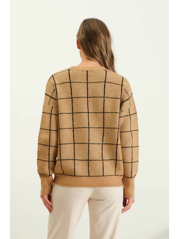 The Workshop Studio - Wholesale Knit Sweater - Women's - GRID PRINT CREW NECK KNIT PULLOVER SWEATER