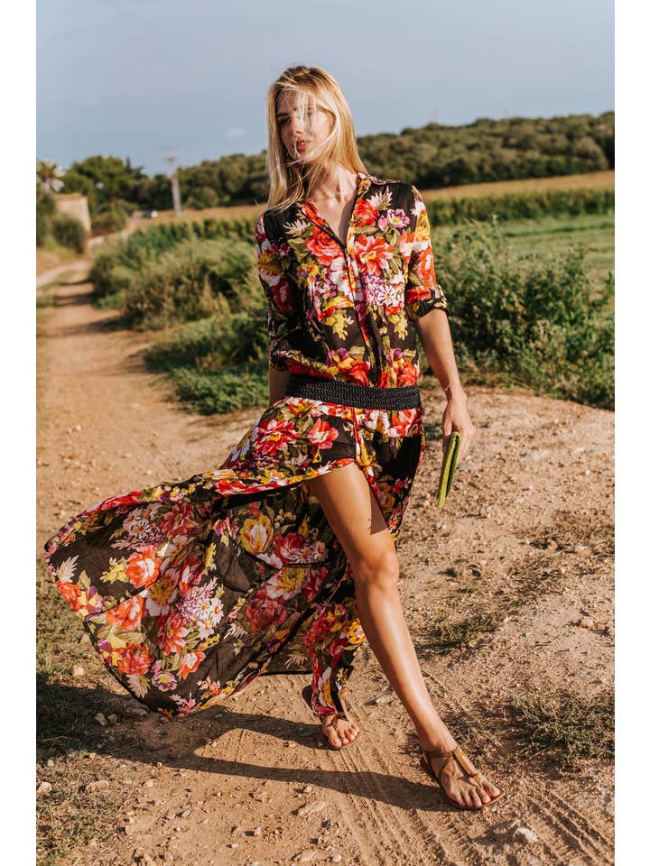 Miss Kitsch – Großhandel Kleid – Damen – Schwarzes langes Kleid aus Baumwolle mit Blumenmuster, Hemdkleid, Boho-Maxikleid, Blumenkleid für Damen mit langem Kleid, Mallorca-Kleid