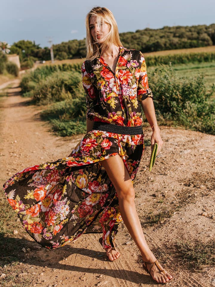 Boho Black Floral Cotton Long Dress, Shirt Dress, Boho Maxi Dress, Women's Floral Dress With Long Dress, Mallorca Dress for wholesale by Miss Kitsch