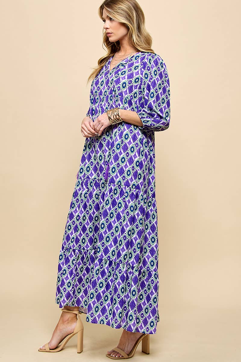 Cezele - Wholesale Dress - Women's - 3/4 Lantern Sleeve Print Boho Maxi Dress19
