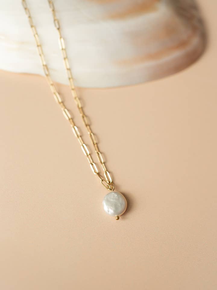 Freshwater Pearl Drop Paperclip Necklace for wholesale by Lumi + Sol