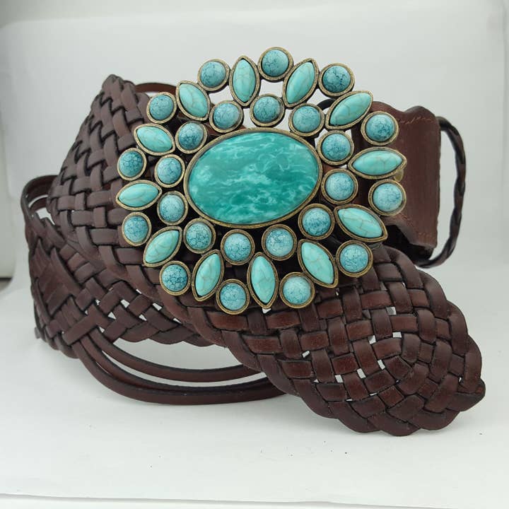 Axesoria West - Wholesale Belt – Women's - Hand Braided Leather Belt with Turquoise Style Buckle brass8