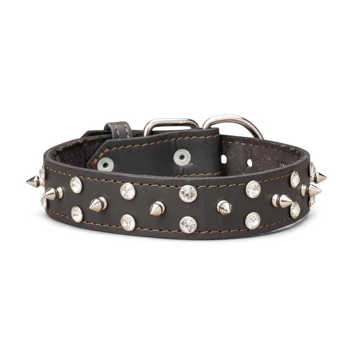 1 3/8 Inch Wide Leather Collars With Rhinestones And Spikes for wholesale by TOP DOG BRAND INC