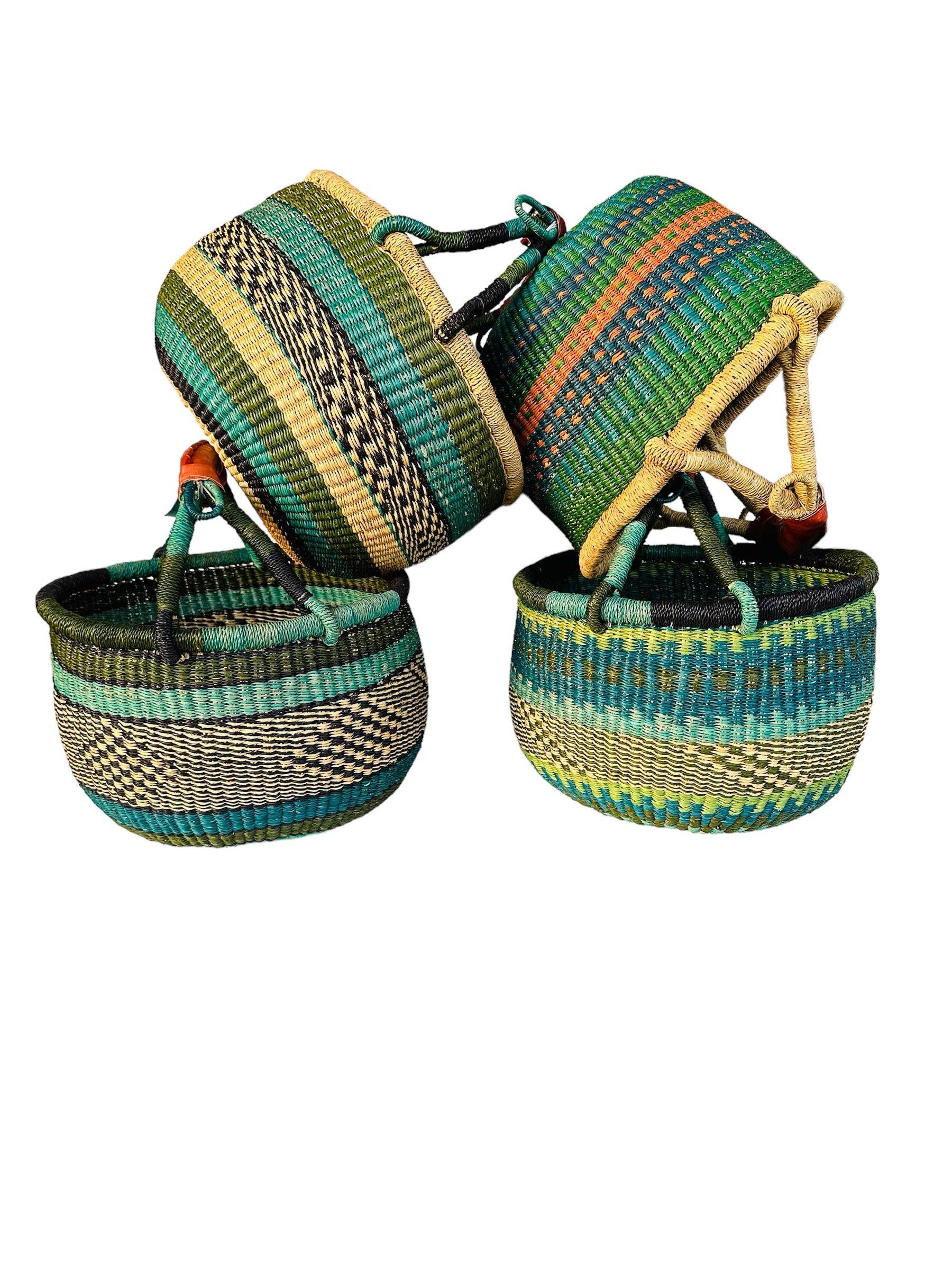 The African Home Goods - Vente Paniers - Panier Bolga Market de taille moyenne avec poignée gainée de cuir (les couleurs varient) L : 11 à 13 pouces H : 8 à 10 pouces, vert 1 EA3