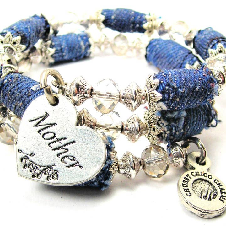 Perlenarmband mit Mutterherz, Blau, Jean-Perlen-Wickelarmband für den Großhandel von Chubby Chico Charms