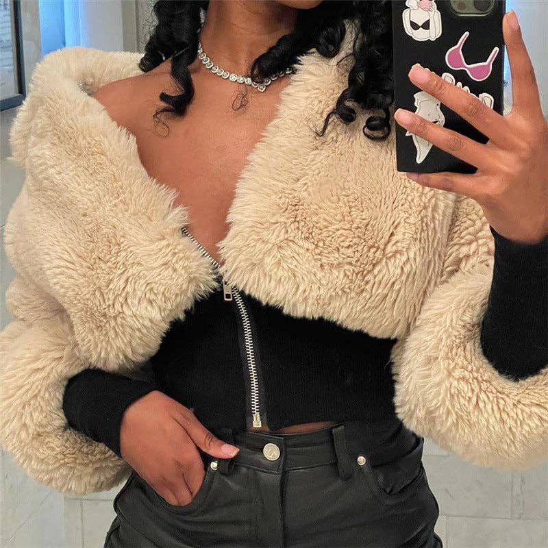 CREAMKAHKI Veste courte en peluche MB FASHION à taille côtelée 5200LY en vente sur Faire10