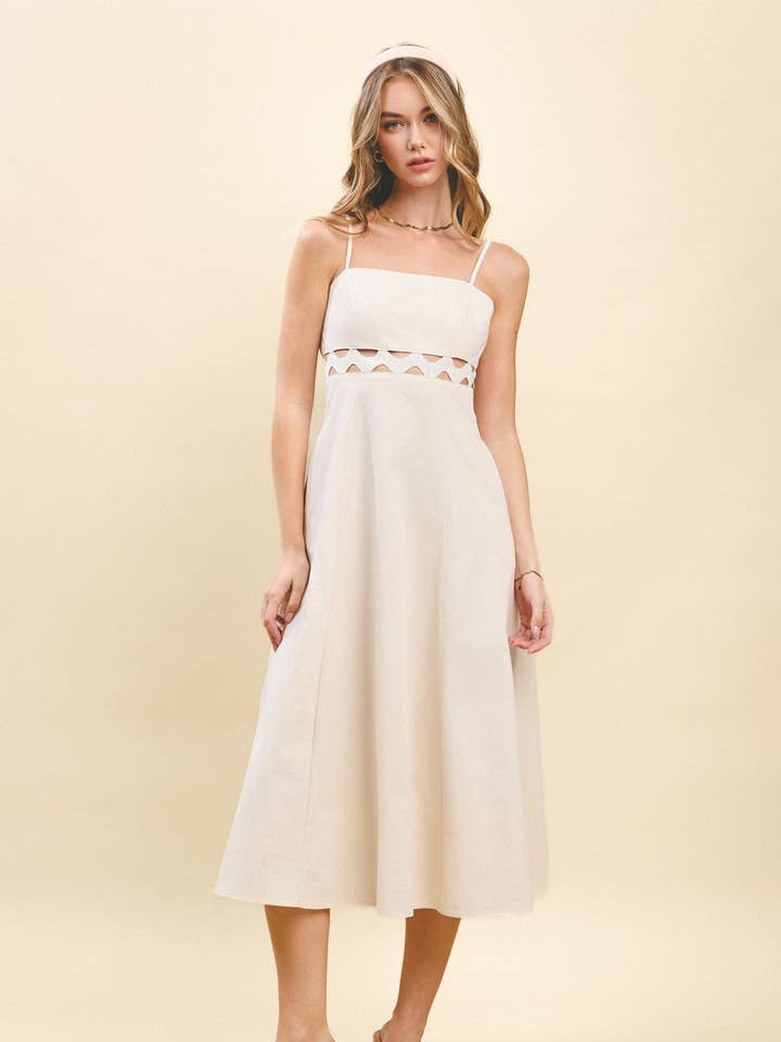 Ivory CD05618-Square Neckline Ric Rac Detail Midi Dress for wholesale on Faire