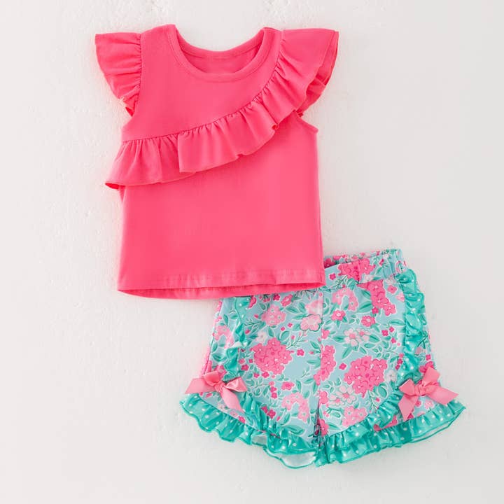 Girls Summer Hot Pink Floral Print Ruffled Short Set for wholesale by Auraquise