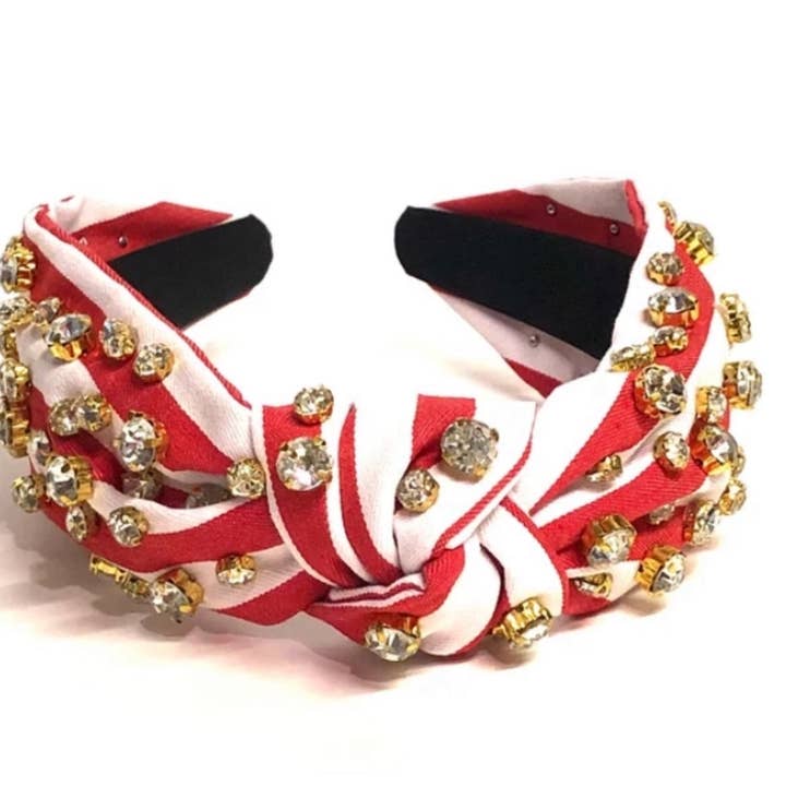 The Heady Chic - Wholesale Fashion Headband - Women's - Adult Red and White Stripe Knotted Headband with Embellishments