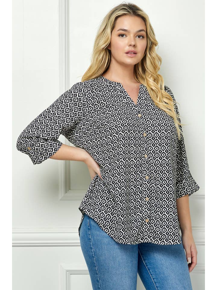 Ivory Black PLUS SIZE MANDARIN COLLAR PLAKET BLOUSE for wholesale on Faire3