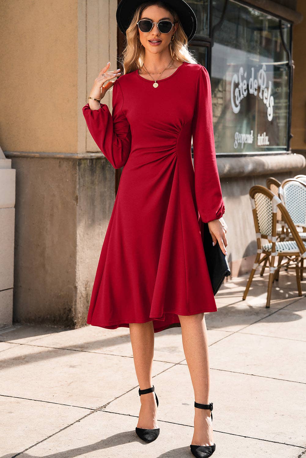 Fiery Red Solid Ruched Long Sleeve Midi Dress for wholesale on Faire4