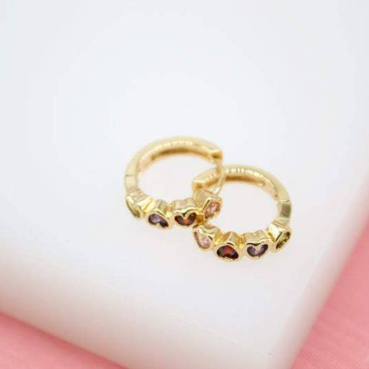 18K Gold Filled Huggies Earrings With MultiColor Heart Shaped CZ Cubic Zirconia Stones for wholesale by MIA Jewelry