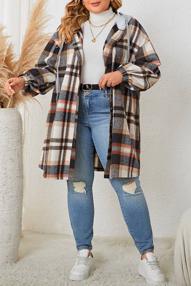 Marrone Cappotto plaid con cappuccio Plus Size CN004 in vendita all'ingrosso su Faire2