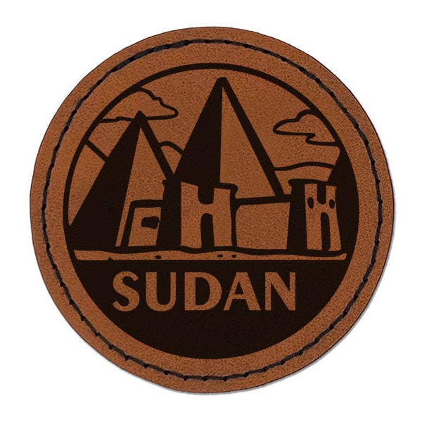 Sudan Nubian Pyramids Country Destination Round Iron-On Engraved Faux Leather Patch Applique - 2.5 Inch - Brown for wholesale by Sniggle Sloth