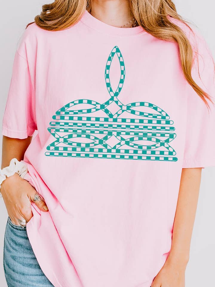 Wholesale Accessory Market - Wholesale Screen Printed T-Shirt - Women's - Turquoise Checkered Boot Stitch Comfort Colors Adult Ring-Spun Cotton Tee