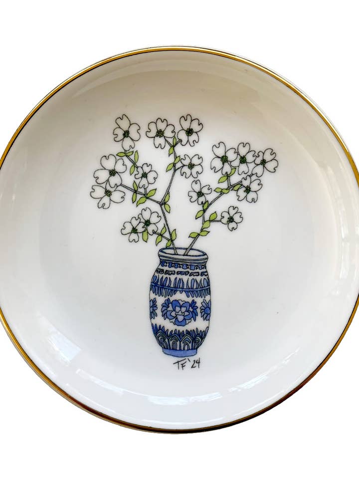Dogwood in a Delft Vase Ring Dish, gift boxed for wholesale by Toute-Petite