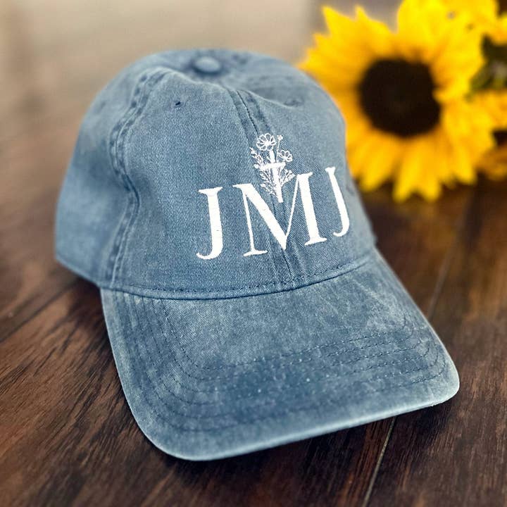 JMJ Blue Embroidered Ball Cap | Catholic Hat | Catholic Gifts for Women | Catholic Gifts for Godparents | Confirmation Gift for wholesale by Raising Faith Prints
