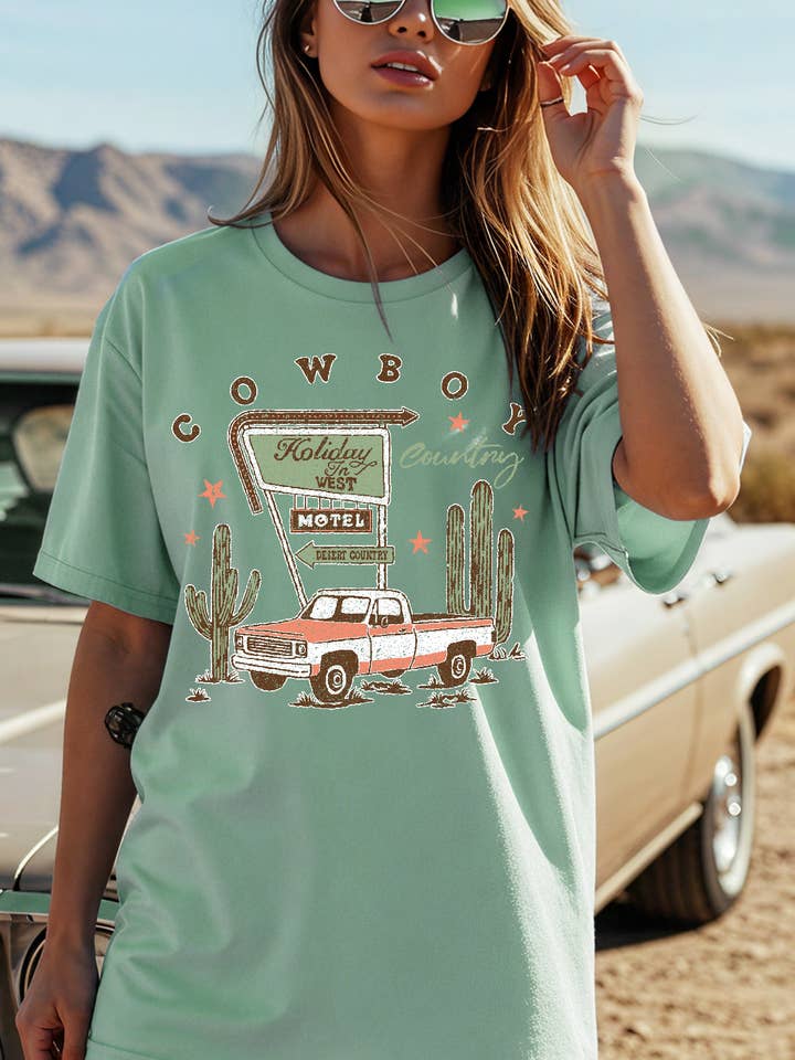 Amused by Blue - Wholesale Screen Printed T-Shirt - Women's - Women Country Graphic Print Short Sleeve Solid Top1