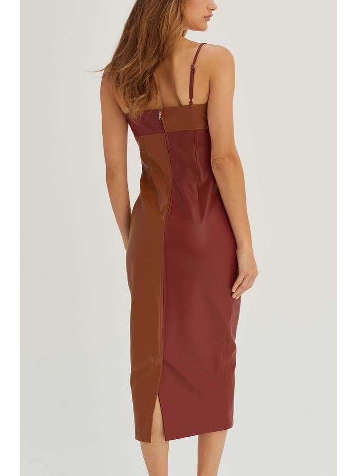 Crescent - Wholesale Dress - Women's - CD8004 - Alix Color Block Vegan PU Midi Dress2