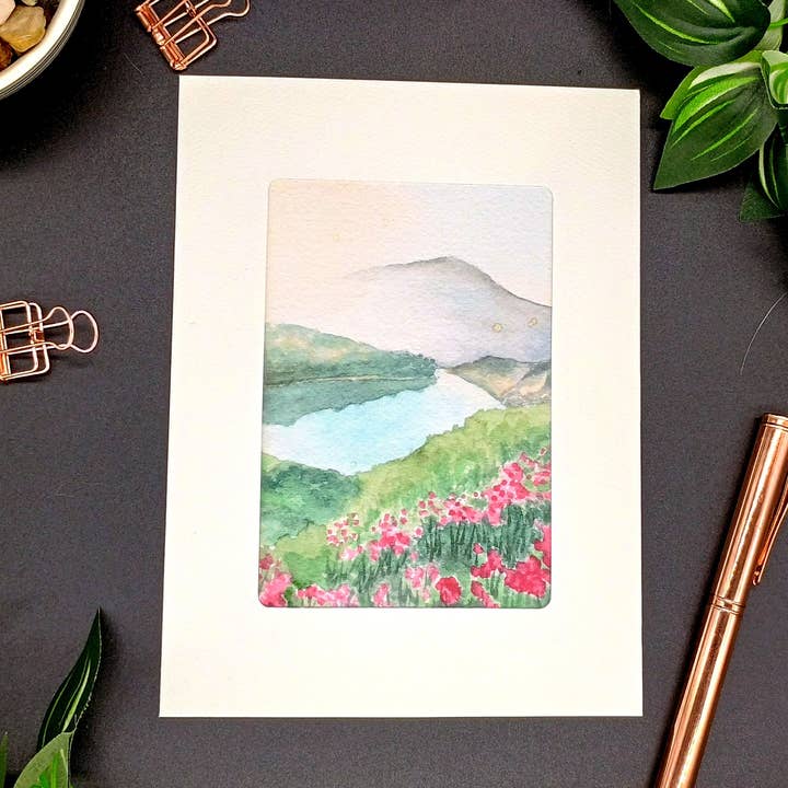 Mountain meadow full of flowers watercolor greeting card for wholesale by Kathryn Paul Fine Art
