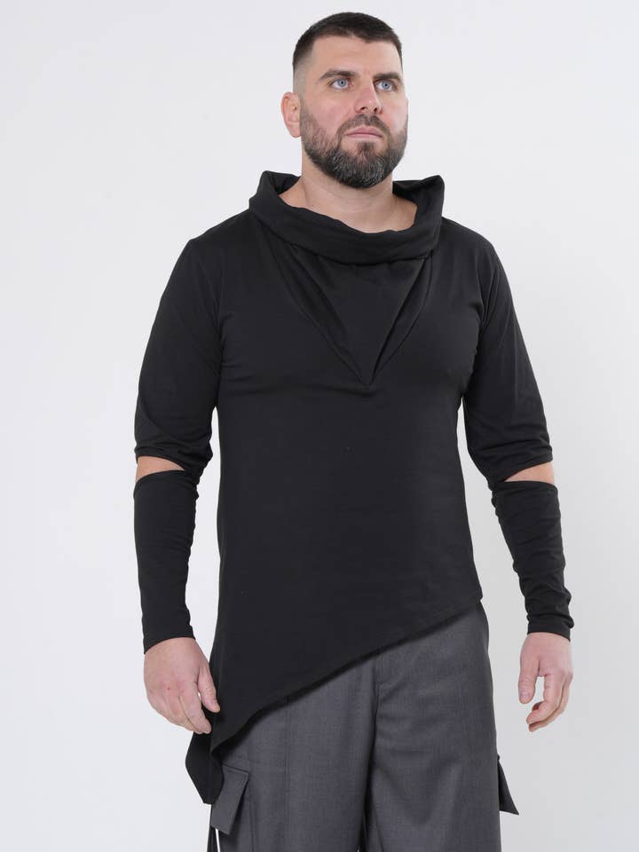 Top à col foulard pour homme avec découpes aux manches, noir pour la vente par Metamorphoza