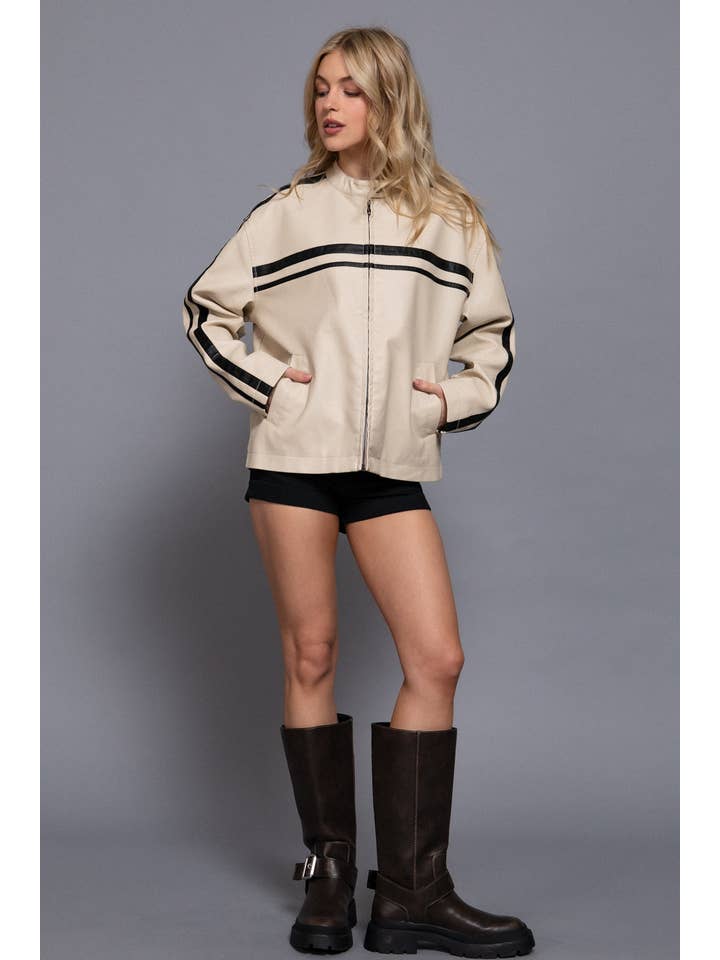 Active Basic | Active USA – wholesale Leather jacket – Women′s – Long Sleeve Line Detail Washed Effect Faux Leather Jacket12