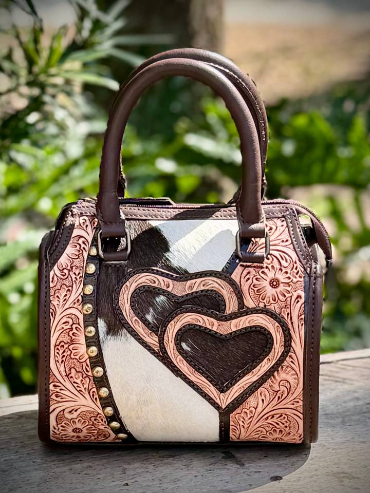 Tooled Leather Cowhide Heart Speedy Bag Western Rodeo for wholesale by Southern Junkie Gypsy Boutique