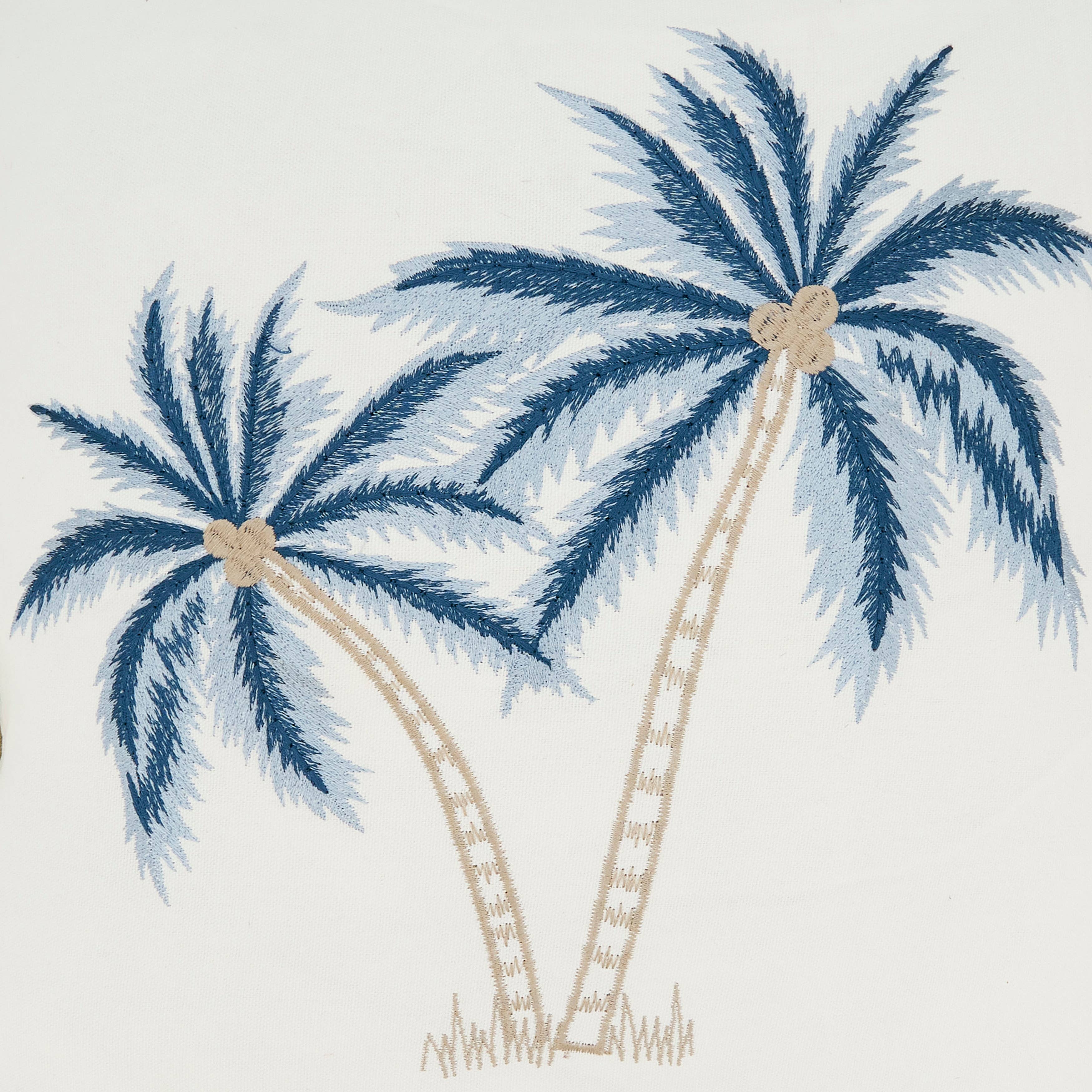 Blue Coastal Embroidered Palm Tree Pillow for wholesale on Faire4