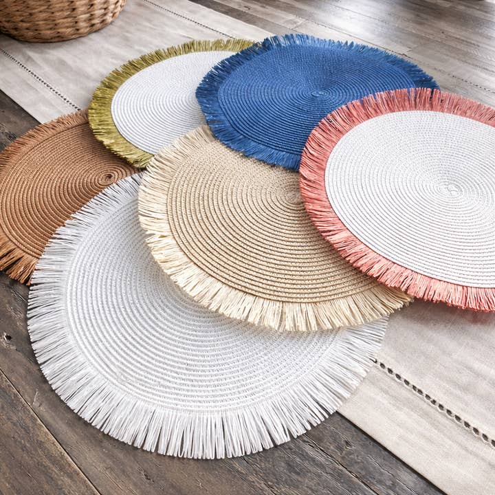 Fennco Styles - Vente Sets de table - Set de sets de table ronds tissés à la main avec franges, diamètre 38 cm24