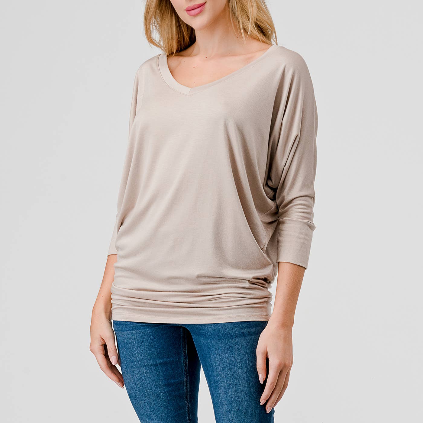 Heimious - Wholesale Knit Top - Women's - 3/4 Dolman Sleeve V-neck Modal Jersey Top, 257329