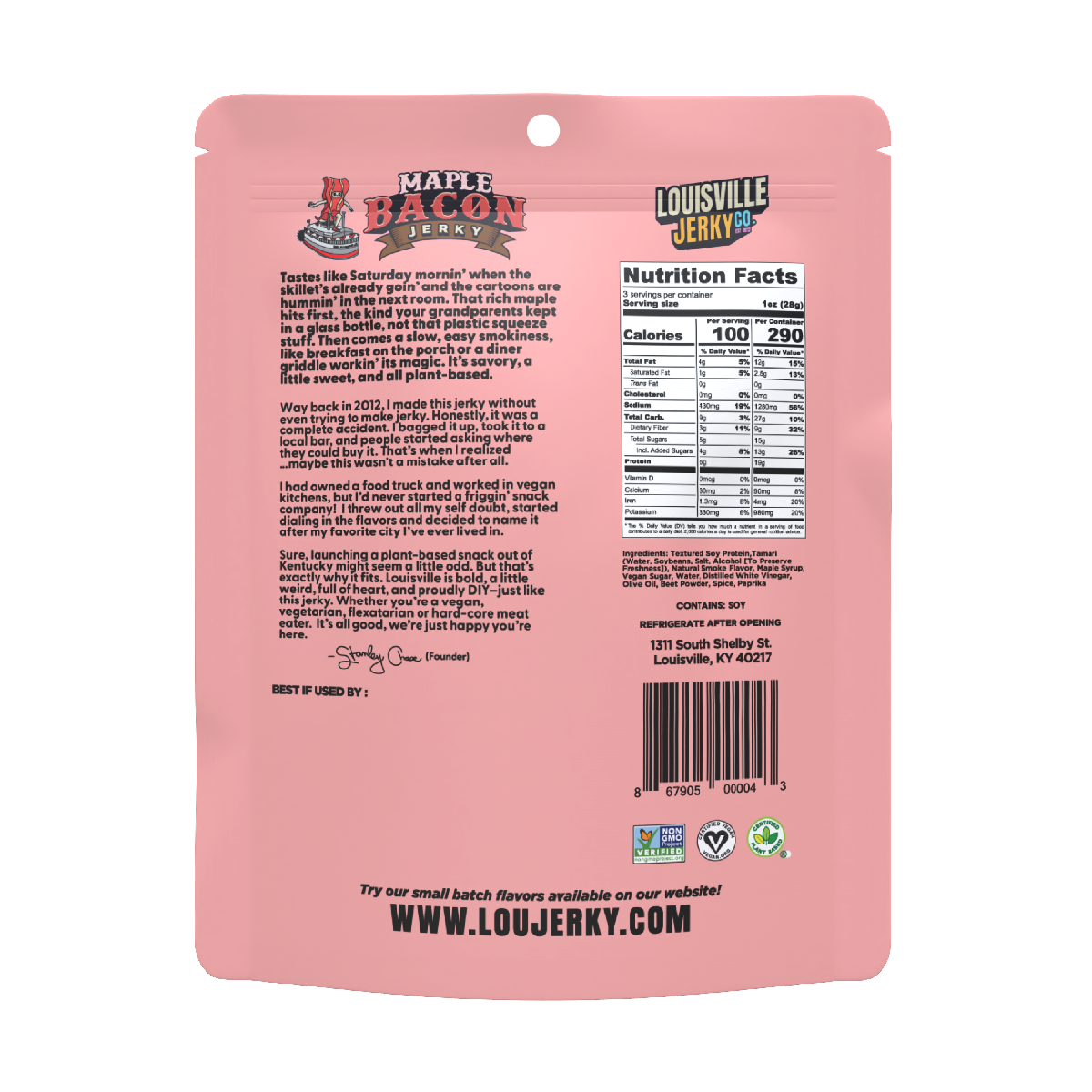 Louisville Foods - Wholesale Jerky - Vegan & Plant Based Maple Bacon Jerky 3 oz1