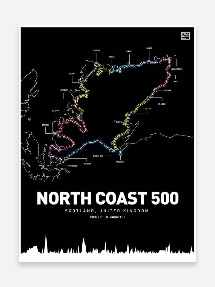 Stampa artistica North Coast 500 per la vendita all'ingrosso da parte di Trailmaps.com