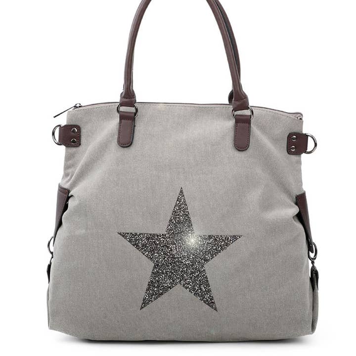 Ellas Trading – wholesale Shoulder bag – women's – Sparkling Glitter Star Canvas Expandable Shoulder Tote7