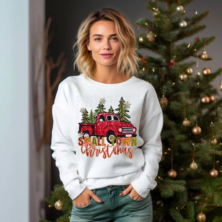 Small Town Christmas Vintage Truck Sequined Embroidery Faux DTF Transfer for wholesale by K and M Designs