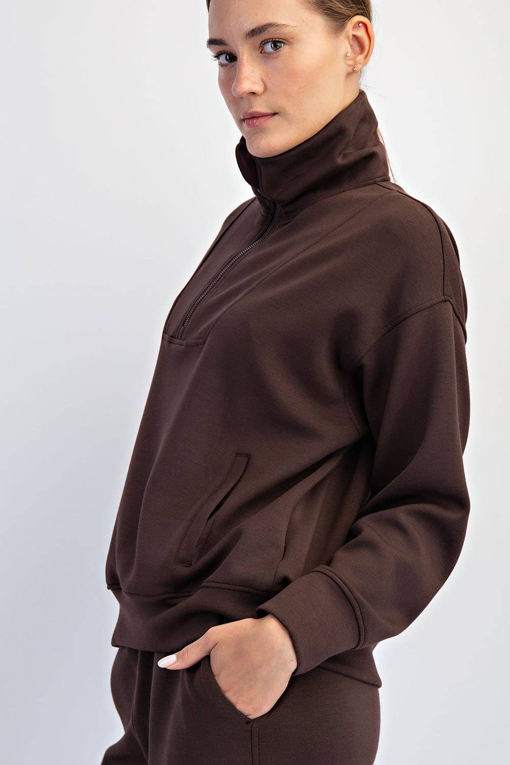 Rae Mode - Vendita all'ingrosso Felpa - Donna - PULLOVER CON COLLO A IMBUTO E ZIP A QUARTO IN MODAL SCUBA19