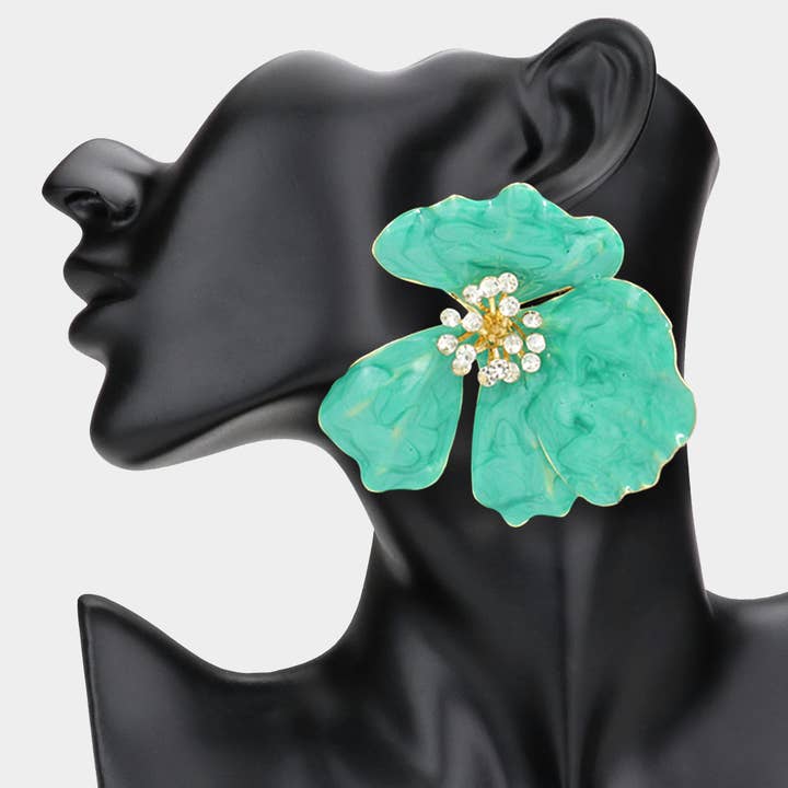 Sensibling Corp. - Wholesale Dangle Earrings - Oversized Stone Bud Enamel Petal Flower Earrings