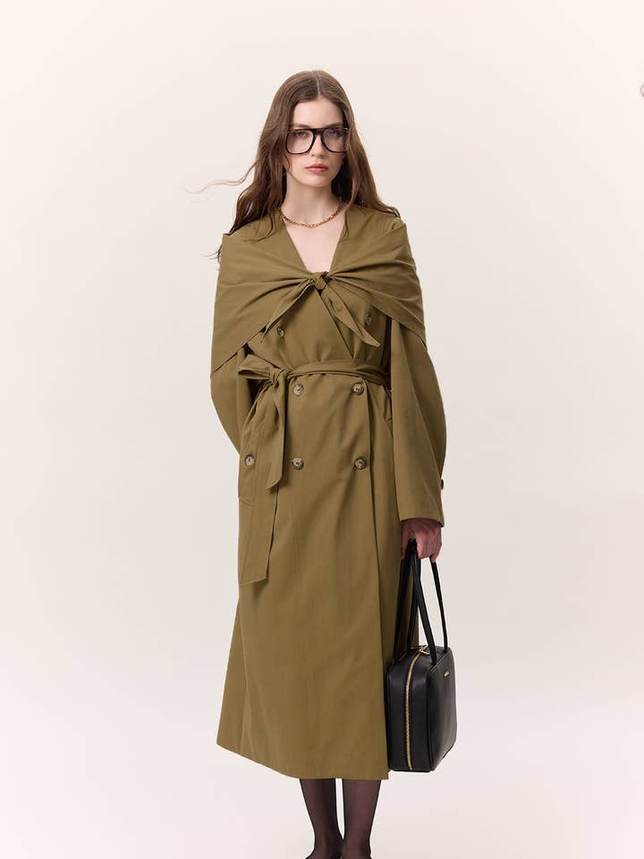 Scarf Detail Statement Trench Coat Green for wholesale by MANUKA