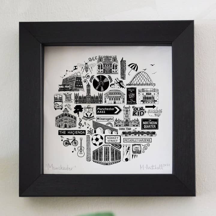Mini-impression Manchester encadrée en noir et blanc pour la vente par Martha Mitchell