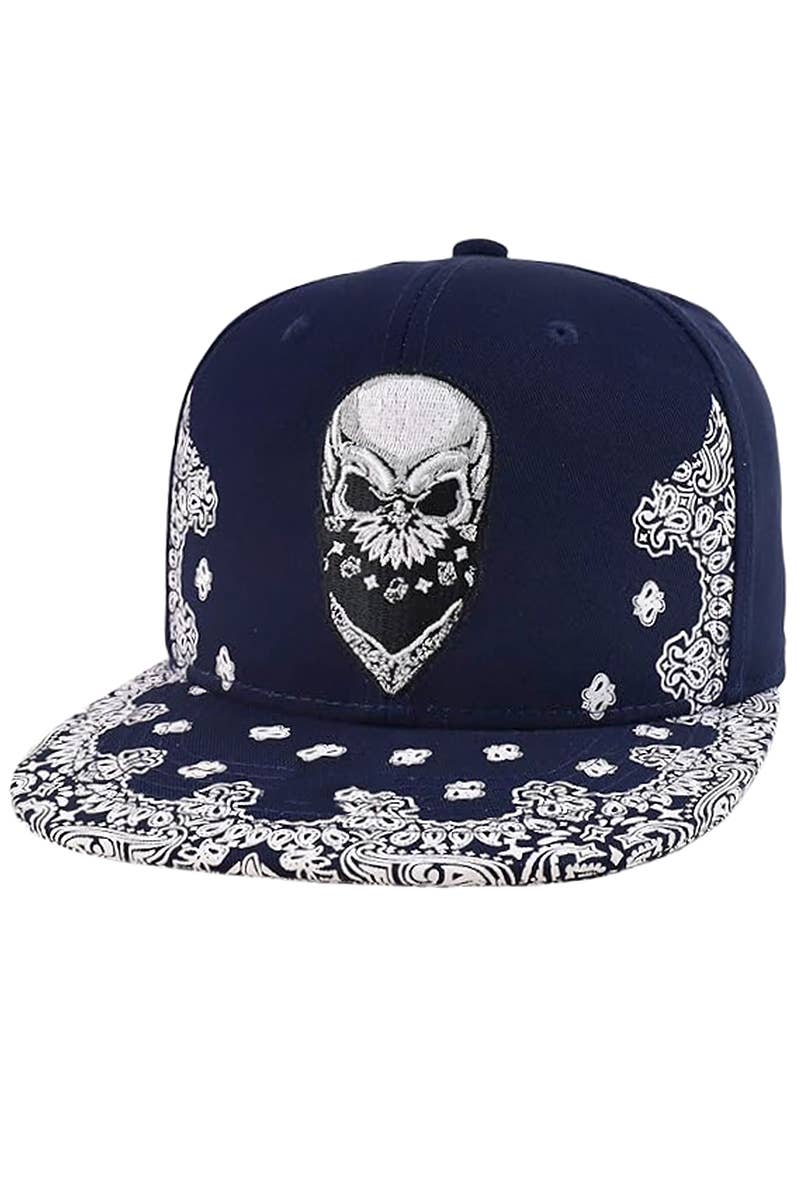 Cap Zone - Wholesale Flat Brim Cap - Men's - Rebel Biker Skull Paisley Bandana Print Snapback7