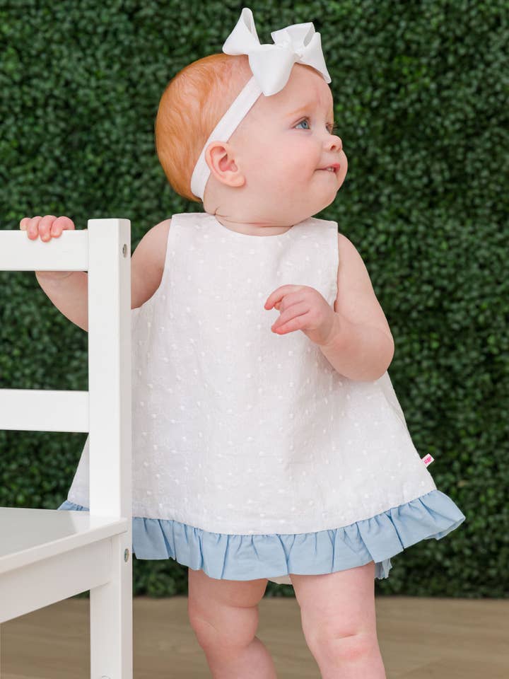 Baby Girls White & Light Blue Swiss Dot Swing Top & Bloomer Set
for wholesale on Faire