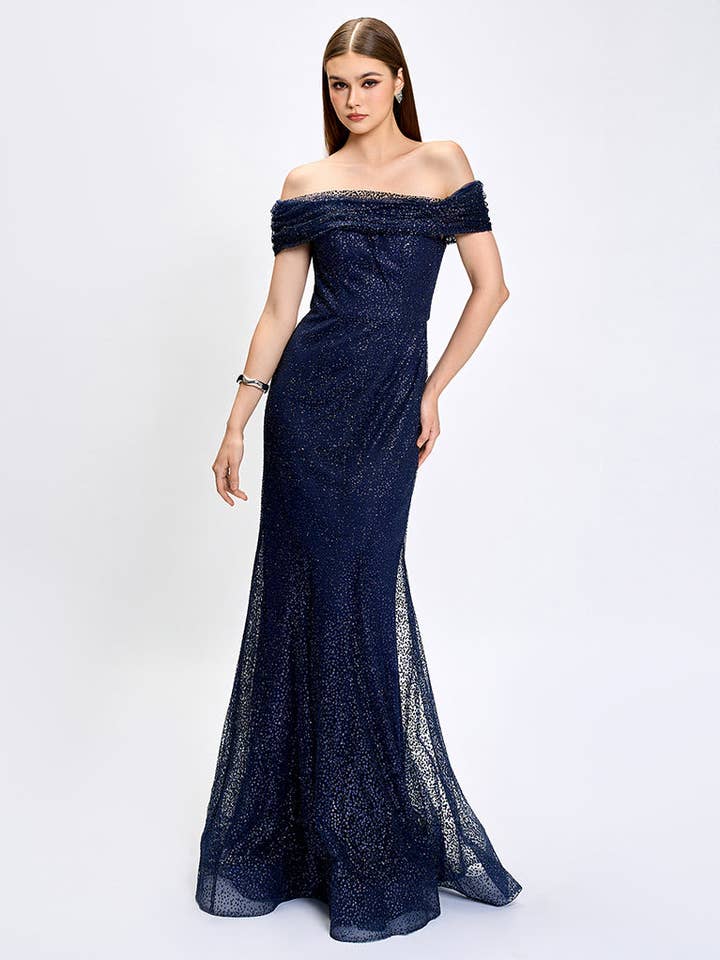 ALIANNA OFF SHOULDER GLITTER GOWN B75D88L for wholesale by Bariano