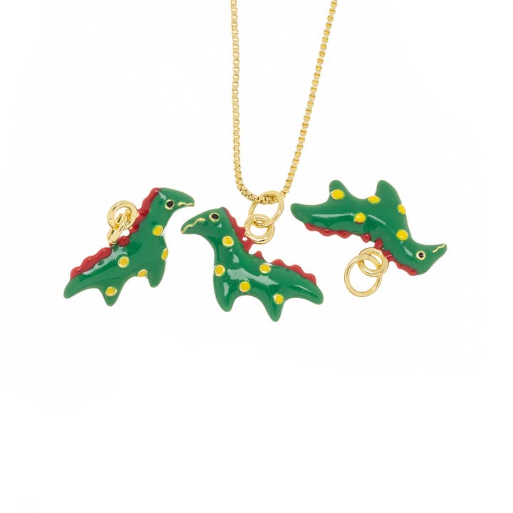 Jewel Pledge - Wholesale Individual Charm/Pendant - Gold Green Dinosaur two sided T-Rex charm for jewelryCPG24031